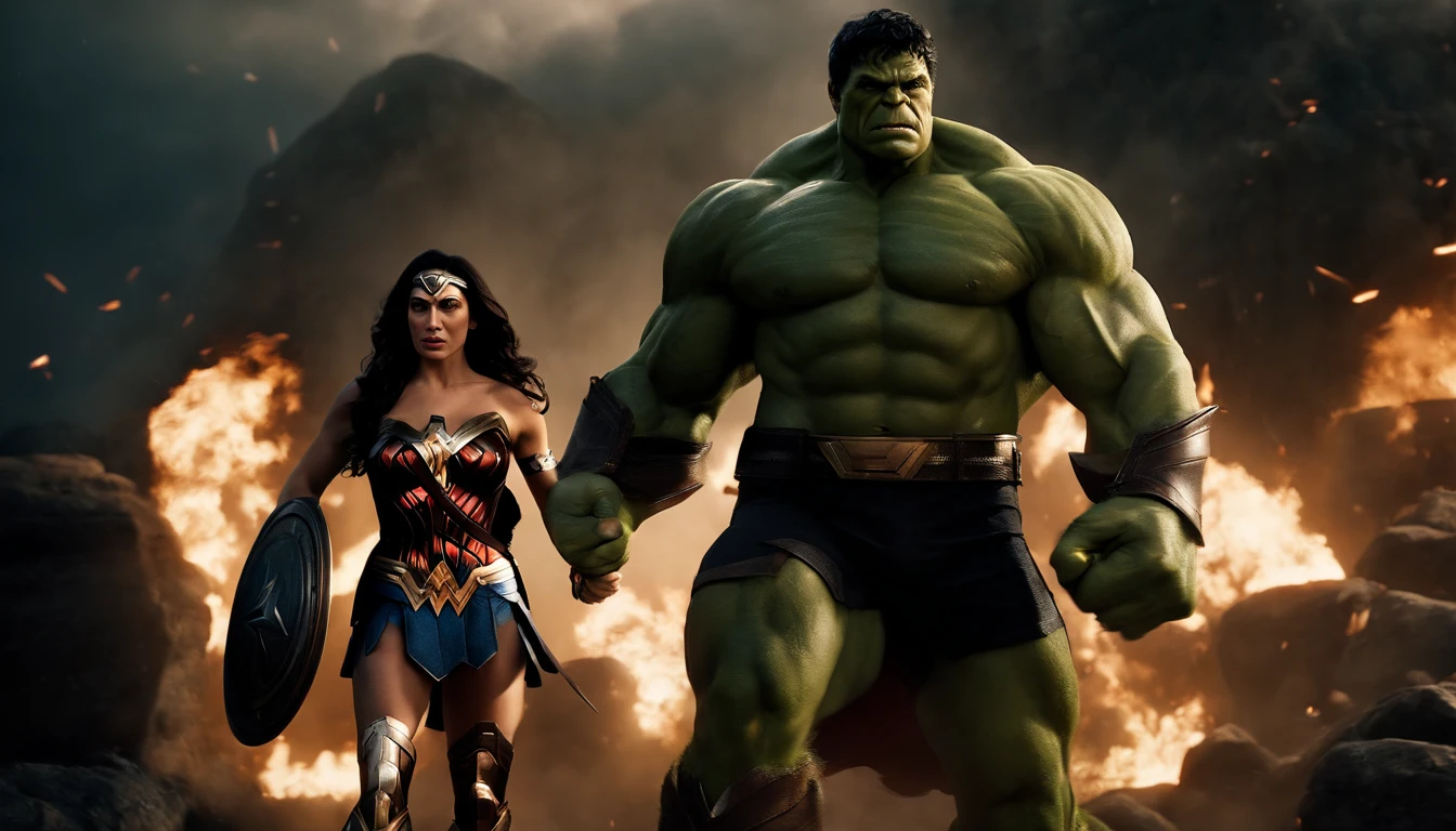 [Hulk and Wonder Woman engage in an intense battle against a villain wearing black armor, showcasing their incredible powers and teamwork], black hair, beret, mole under eye, pointy ears, Social realism, Hyperrealism, cinematic lighting, high details, masterpiece, best quality, high quality, 4K, super detail, retina, 8k