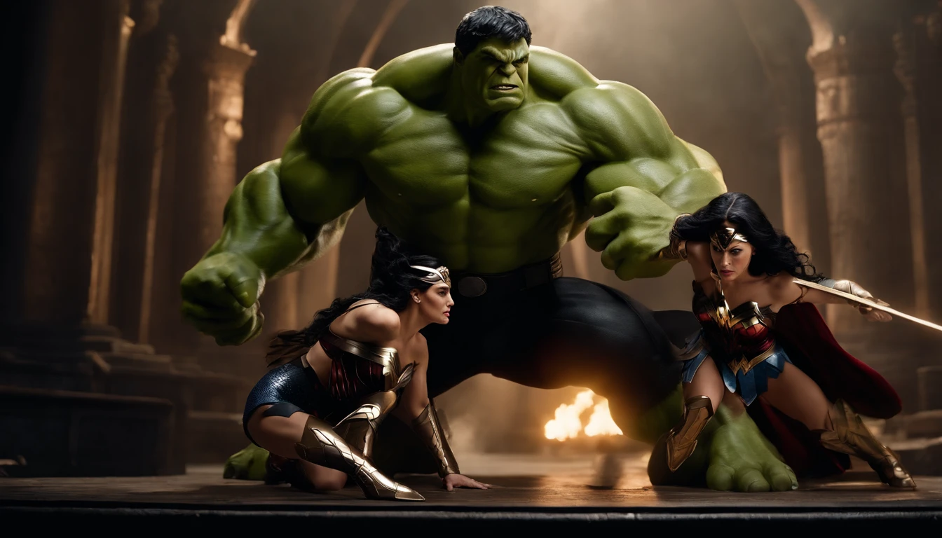 [Hulk and Wonder Woman engage in an intense battle against a villain wearing black armor, showcasing their incredible powers and teamwork], black hair, beret, mole under eye, pointy ears, Social realism, Hyperrealism, cinematic lighting, high details, masterpiece, best quality, high quality, 4K, super detail, retina, 8k