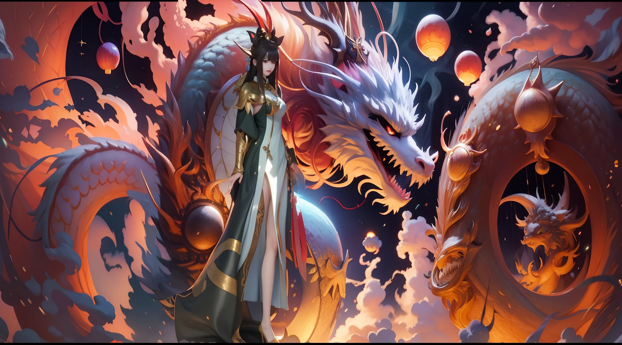 anime, fantasy, dragon, girl, art, fantasy, fantasy art, fantasy, fantasy art, fantasy, chinese fantasy, ne zha from smite, inspired by Li Mei-shu, xianxia fantasy, inspired by Ju Lian, loong, inspired by Wu Bin, ruan jia and artgerm, onmyoji detailed art, inspired by Pu Hua