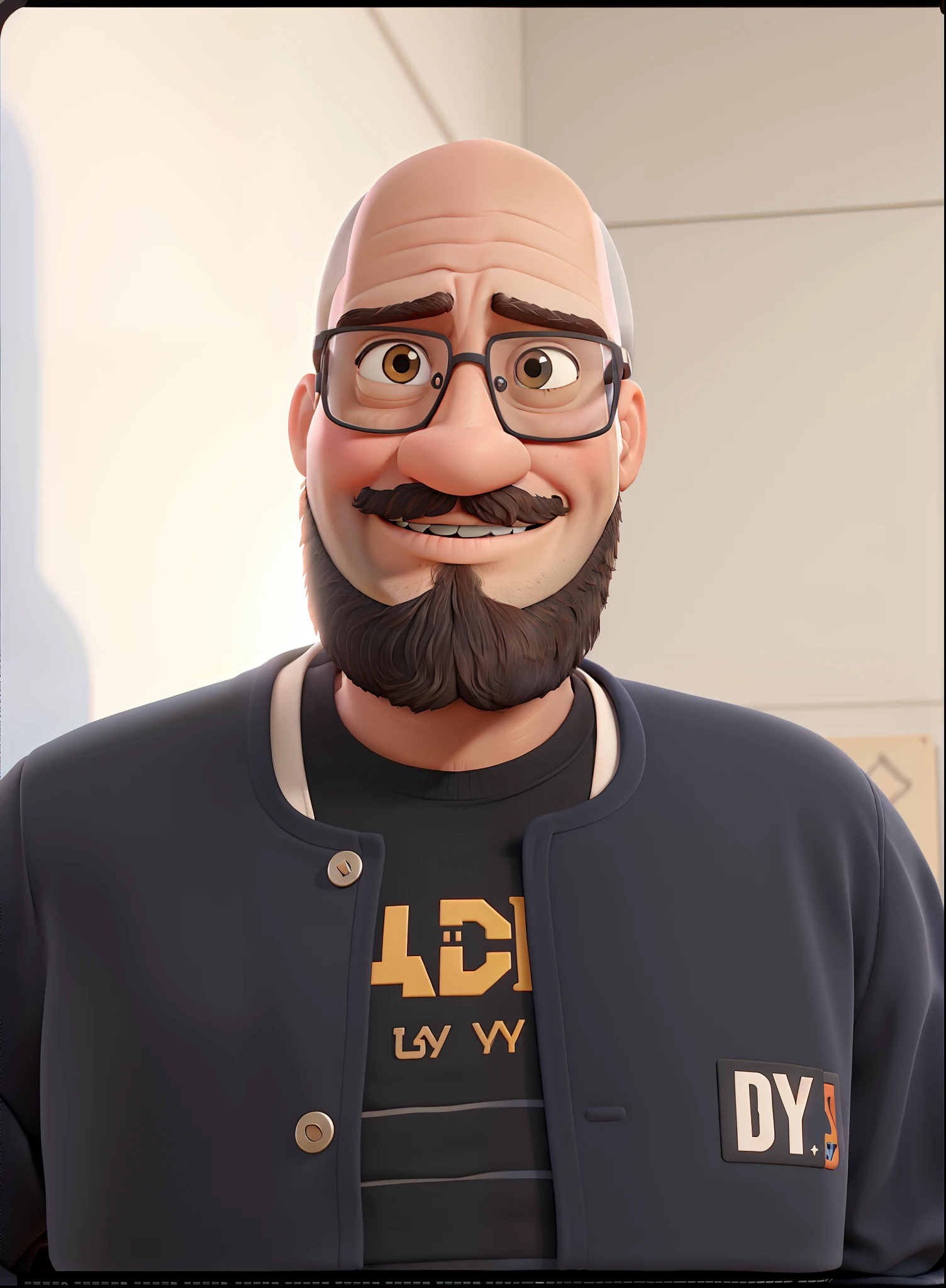A bald man with a black beard and glasses in the Disney Pixar style, alta qualidade