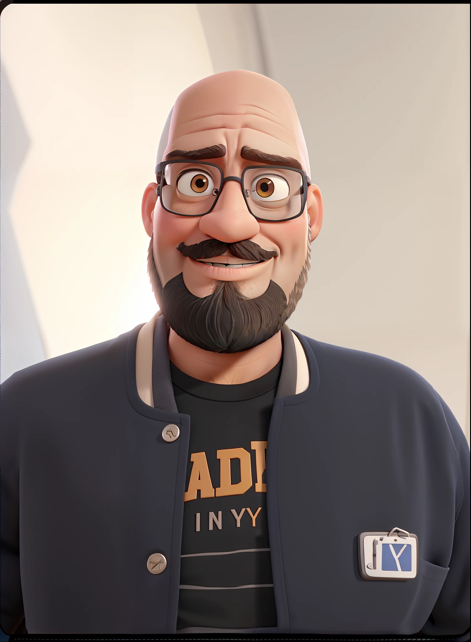 A bald man with a black beard and glasses in the Disney Pixar style, alta qualidade