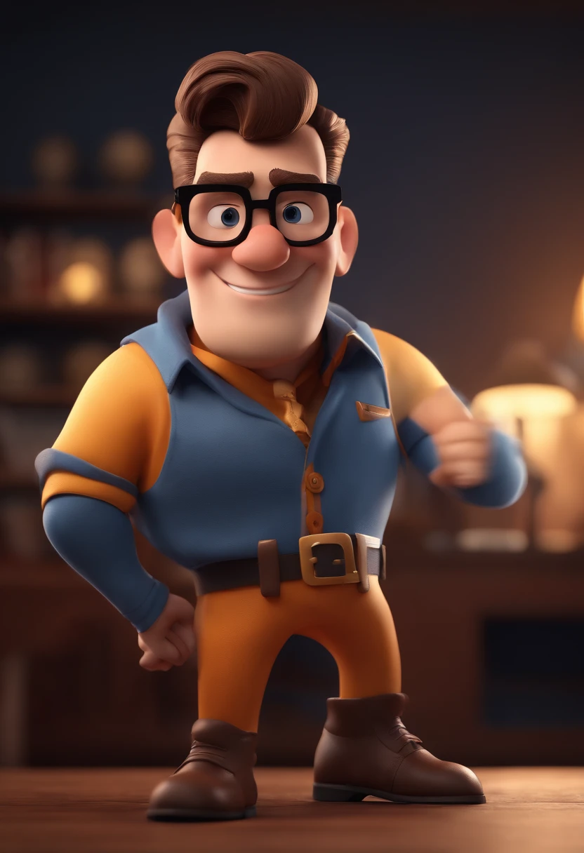 Cartoon character of a man with black glasses and a blue shirt, animation character, Caractere estilizado, animation style rendering, 3D estilizado, Arnold Maya render, 3 d render stylized, toon render keyshot, Personagem 3D, Personagem 3D, 3d rendering stylized, 3 d character render, personagem de desenho animado, Personagem de close up, Pose de personagem,  (Estilo Pixar) (master part:1.2) (Bokeh) (best quality) (pele detalhada) (textura detalhada) (8k) (argila) (Cinematic lighting) (foco nítido