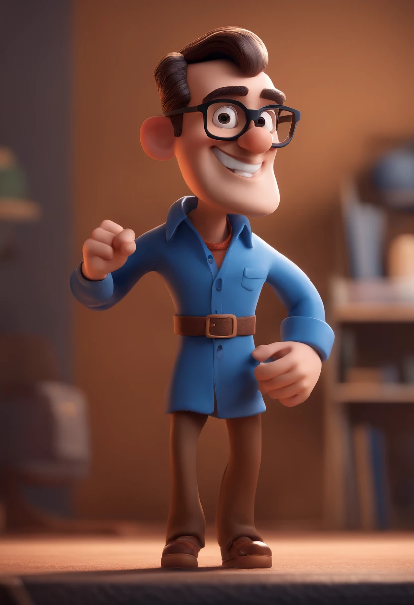 Cartoon character of a man with black glasses and a blue shirt, animation character, Caractere estilizado, animation style rendering, 3D estilizado, Arnold Maya render, 3 d render stylized, toon render keyshot, Personagem 3D, Personagem 3D, 3d rendering stylized, 3 d character render, personagem de desenho animado, Personagem de close up, Pose de personagem, (Estilo Pixar) (master part:1.2) (Bokeh) (best quality) (pele detalhada) (textura detalhada) (8k) (argila) (Cinematic lighting) (foco nítido