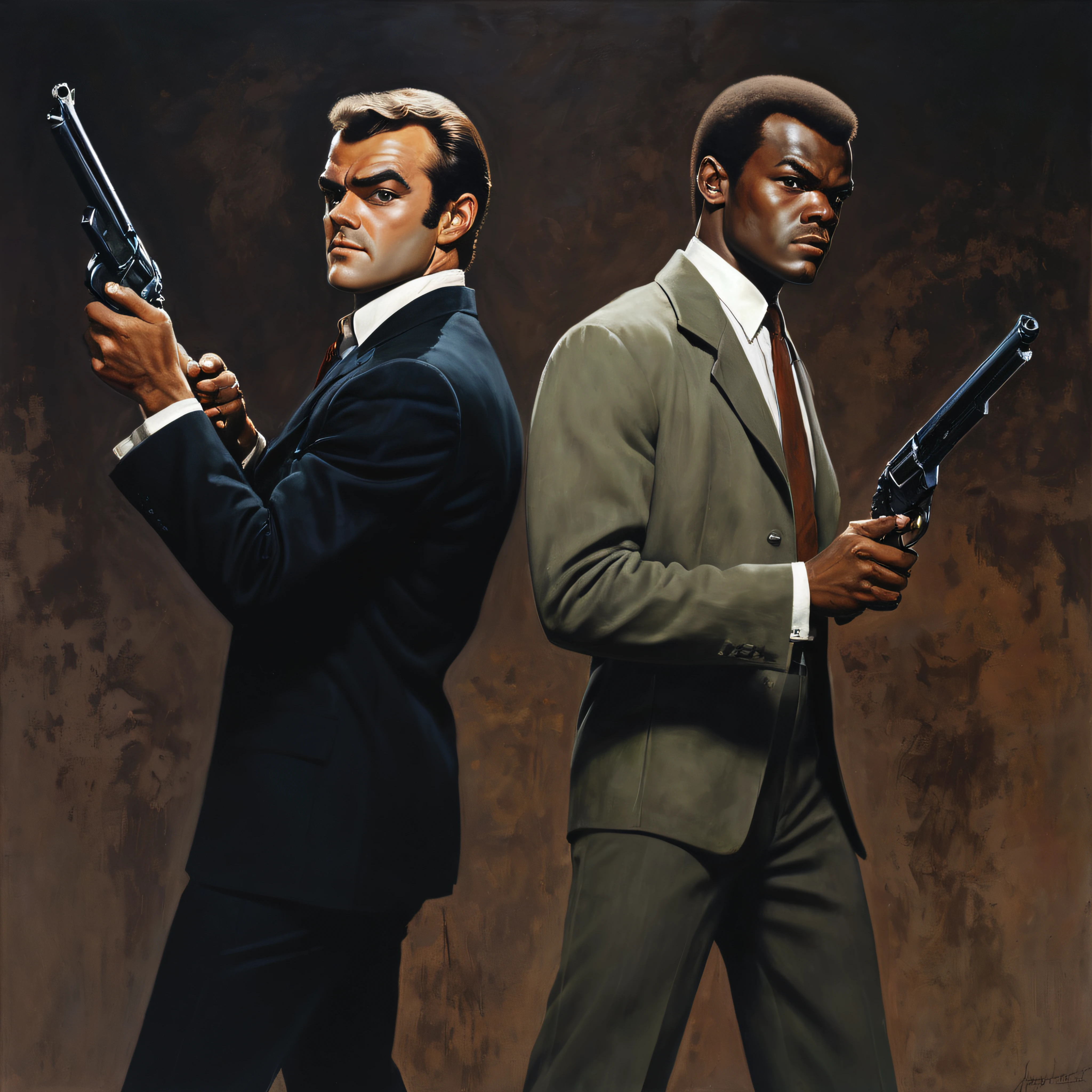 24 x 36 inch Movie Poster, Full body portrait, head to toe, a young 20-year-old Sean Connery and a young Samuel L. Jackson brandishing pistols, back to back, a dark, stained wall in the background, oil painting on canvas, in the style of Frank Frazetta, 32k UHD, Vibrant, extremely colorful, sharp, detailed,