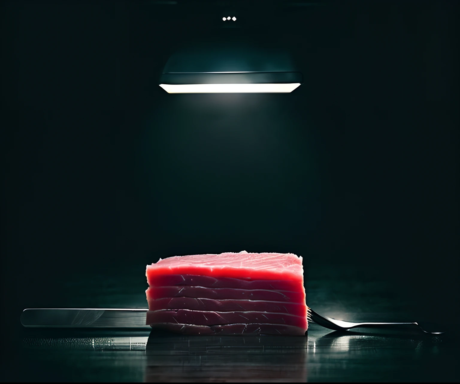 Fork with a piece of raw meat, dark undertones, It's scary, Vertical Fork, Realistic