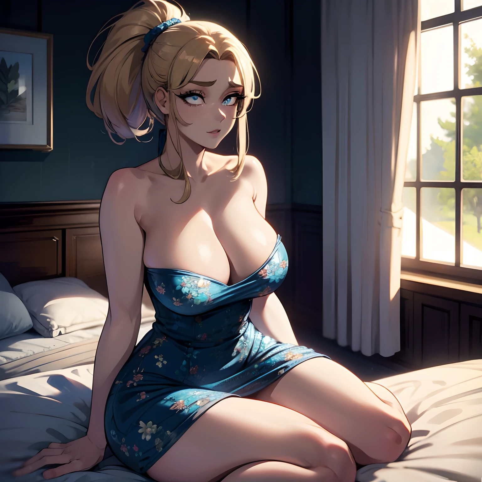 (one female: 1.5) wearing blue floral strapless dress, brown long ponytail, beautiful blue eyes, showing cleavage, sitting on bed alone, alone (SOLO: 1.5),(ALONE: 1.5), large chest, curvy, beautiful detailed eyes, perfect hands, detailed hands, delicate hands, perfect body close shot, best quality:1.5, sleeveless, bare shoulders, sexy legs