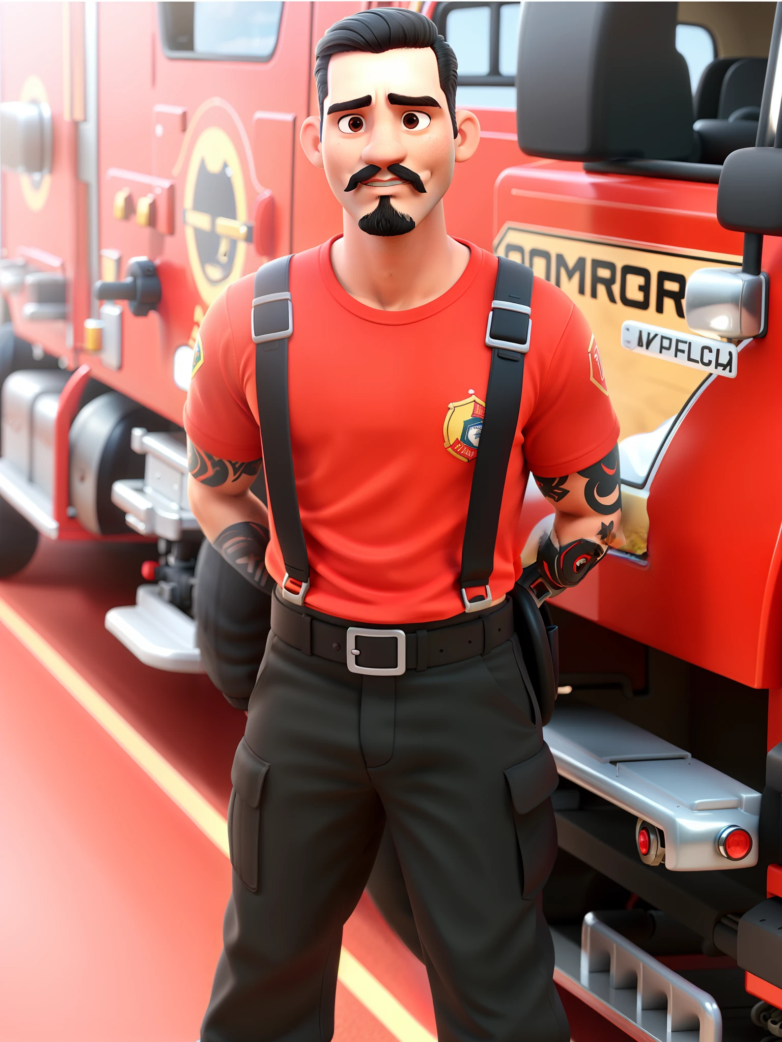 Um bombeiro Moreno, forte e bonito, com bigode fino ,Black hair and in firefighting clothes, Ao fundo, A fire truck