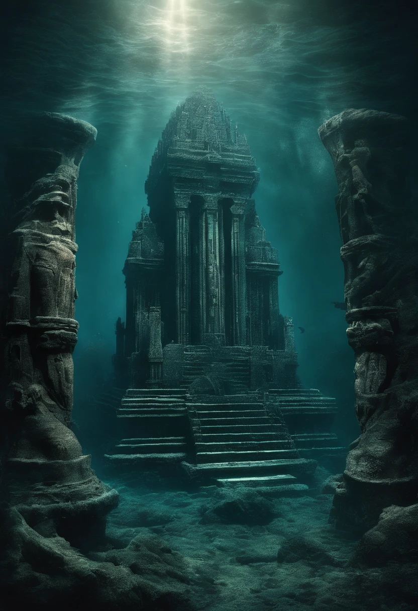 best quality,highres,ultra-detailed,(realistic:1.37),underwater ancient temple,coral-covered ruins,serene underwater ambiance,sunlight piercing through the water,sparkling rays of light,crystal clear turquoise water,majestic architecture,shimmering corals and marine life,mysterious and evocative,deep-sea exploration,mythical atmosphere,tranquil and peaceful,submerged history,hidden treasures,sublime beauty,magical underwater scenery,awe-inspiring depths,historic artifacts,luminous aquatic plants and creatures,hallowed place of worship,silent and untouched,ancient statues and carvings,secrets of the deep,ethereal and surreal,enchanted underwater world,lost civilization, horror cosmic, underwather, submariner,