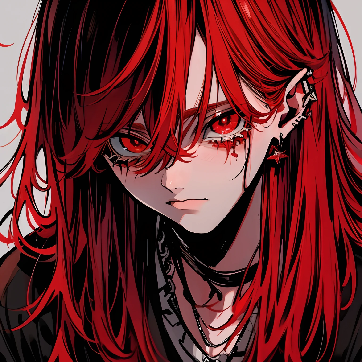 1 Man, long red hair,red pupils, crying