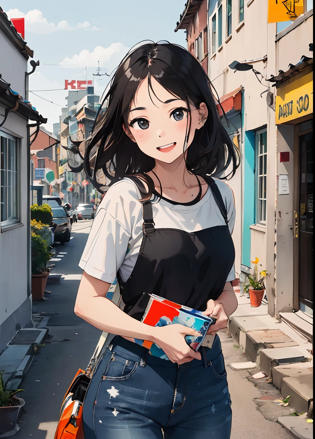 (best quality:1.2),masterpiece,1girl,street dog,Brazil,sun,summer,illustration,oil painting,realistic,colorful,energetic,vibrant,happy atmosphere,long hair,detailed face,beauty in simplicity,bokeh effect,playful,joyful,street scene,urban,graffiti,wall art,positive vibes,warm tones,enthusiasm,diversity,community,coexistence,authenticity,melting pot,daytime,busy streets,bustling city life,freedom,creativity,expressiveness