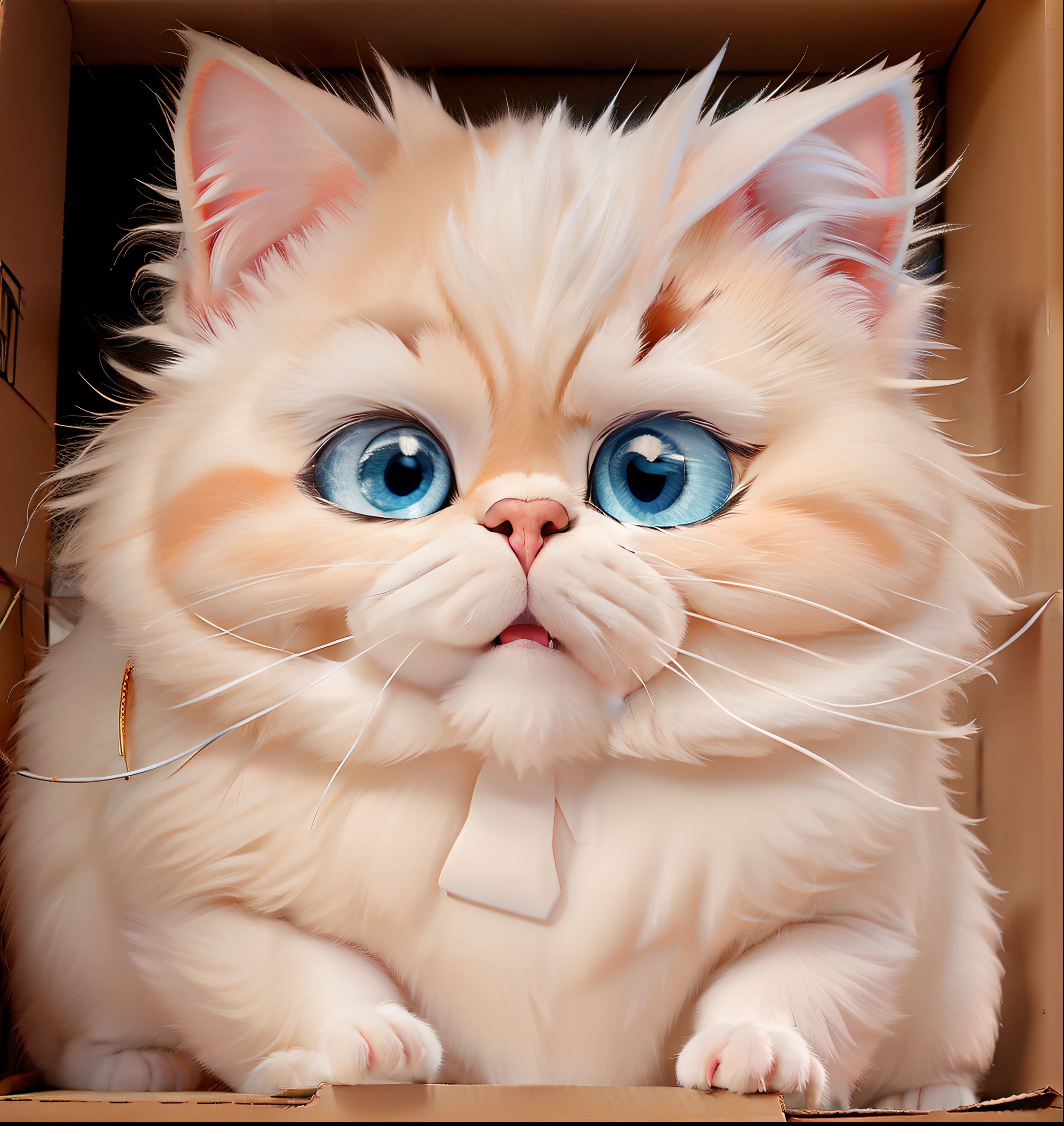 Blue-eyed white Persian kitten inside a cardboard box