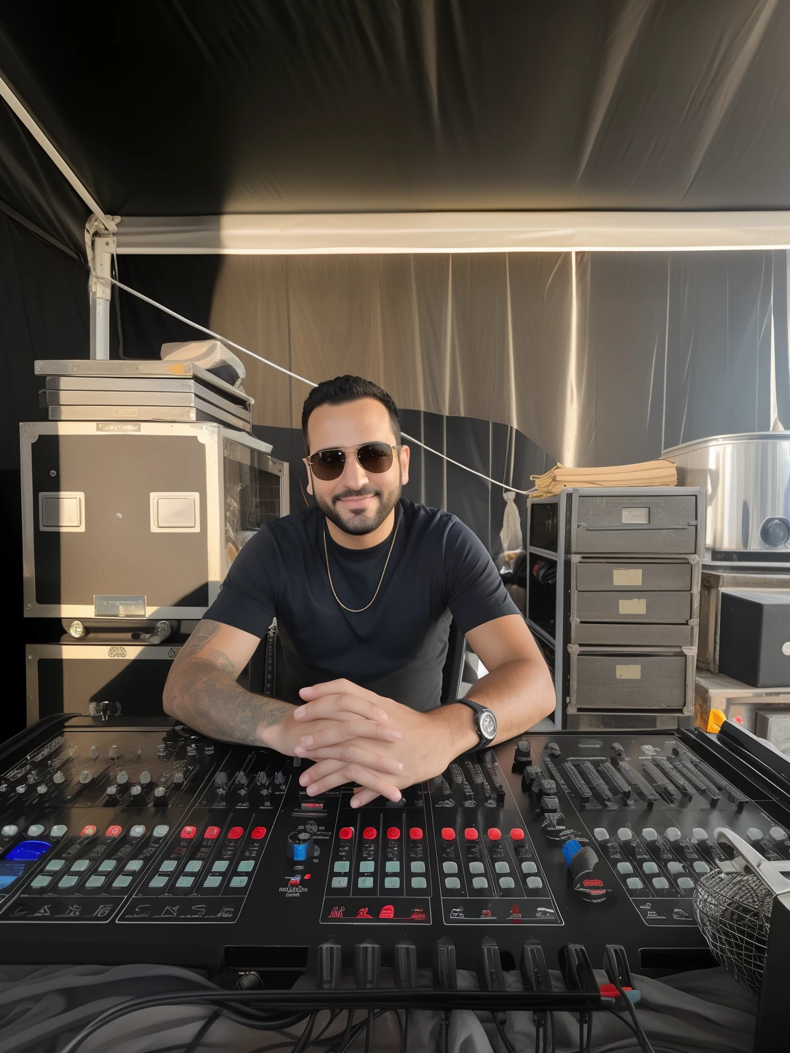homem arafed sentado em uma mesa com um microfone e equipamento de mistura, Mistura, Michal, Christophe Szpajdel, no palco, em um palco, imagem do avatar, big head on stage, Michal Mraz, Greg Rutkowski UHD 8K, Raphael Personnaz, Andrei Tarkovsky, apenas 3 / 4 retrato