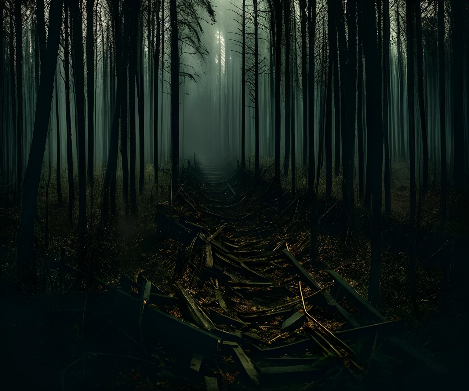 A dark forest with train tracks in the middle of it, Creepy Forest, Beautiful dark creepy landscape, The Dark Forest Looms, A sinister and spooky forest, A mysterious and scary forest, Dark Forests, Surrounding, Dark Forest. Strong, Dark, Dramatic landscapes of a dark forest, Terrifying Forest, Dark Fantasy Forest, Dark Forest and Trees, Dark Forest, Beautiful dark forest landscape, Creepy Forest