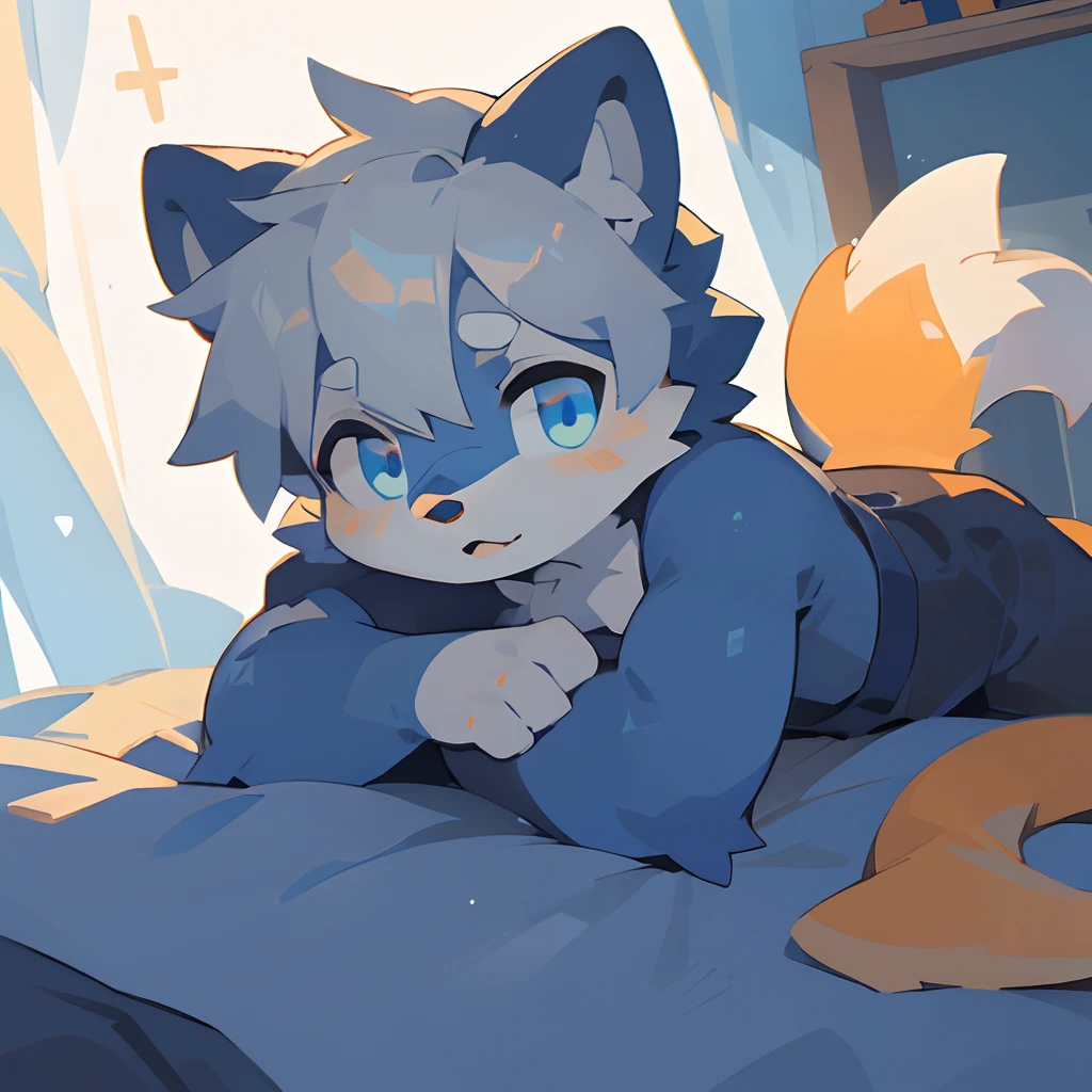 ((Solo)), charming scene of a (Furry furry) (o cachorrinho_Boy:1.5),，Just woke up in bed！！Just woke up in bed！！Just woke up in bed！！Q version！！Q version characters！！eyes with brightness，Gray hair，blue color eyes，Cute drawing style，high saturated！！Furry male wolf, Male orange peel, blue color eyes, Gray hair(The long）