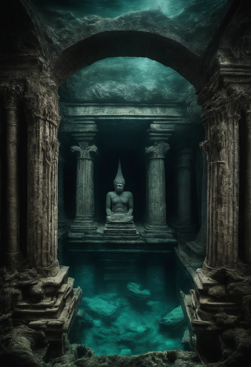 best quality,Altas,ultra-detalhado,(Realistic:1.37),Underwater Ancient Temple,Coral-covered ruins,Serene underwater environment,Sunlight piercing the water,raios de luz cintilantes,crystal clear turquoise water,Arquitetura majestosa,Corais cintilantes e vida marinha,misterioso e evocativo,Deep-sea exploration,mythical atmosphere,Quiet and peaceful,Submerged history,Tesouros escondidos,beleza sublime,magical underwater scenery,profundezas inspiradoras,Historical artifacts,Luminous Aquatic Plants and Creatures,Lugar sagrado de culto,silencioso e intocado,Ancient Statues and Sculptures,Segredos das profundezas,Ethereal and surreal,Enchanted Underwater World,lost civilization, Horror cosmic, Underwather, submarinista, abyss, dark, gloomy, deep wather fishes,