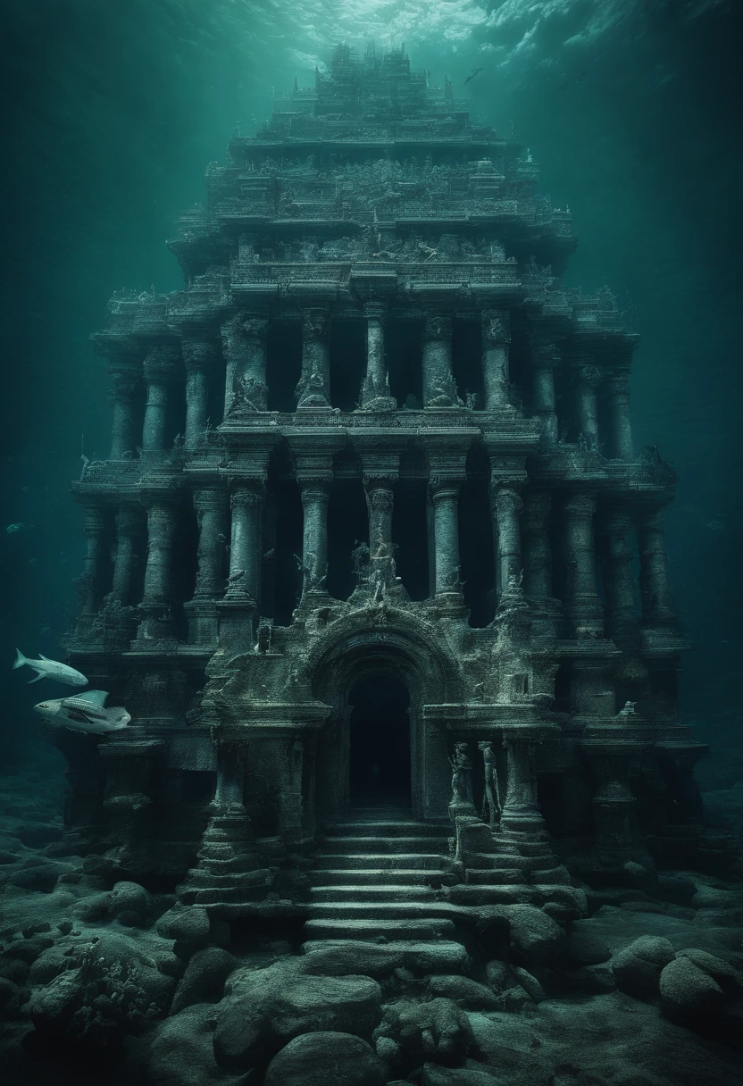 best quality,Altas,ultra-detalhado,(Realistic:1.37),Underwater Ancient Temple,Coral-covered ruins,Serene underwater environment,Sunlight piercing the water,raios de luz cintilantes,crystal clear turquoise water,Arquitetura majestosa,Corais cintilantes e vida marinha,misterioso e evocativo,Deep-sea exploration,mythical atmosphere,Quiet and peaceful,Submerged history,Tesouros escondidos,beleza sublime,magical underwater scenery,profundezas inspiradoras,Historical artifacts,Luminous Aquatic Plants and Creatures,Lugar sagrado de culto,silencioso e intocado,Ancient Statues and Sculptures,Segredos das profundezas,Ethereal and surreal,Enchanted Underwater World,lost civilization, Horror cosmic, Underwather, submarinista, abyss, dark, gloomy, deep wather fishes,