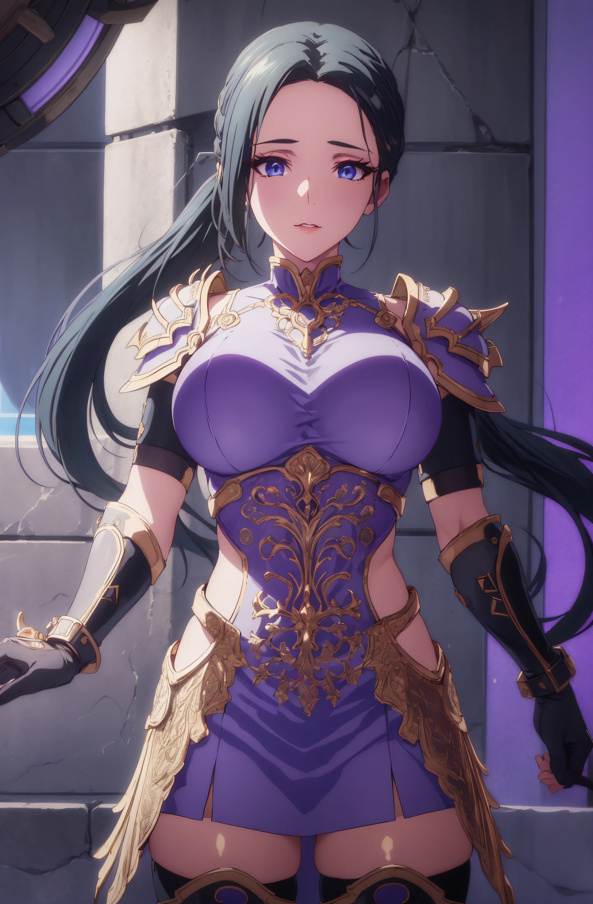 (masterpiece, best quality, 16k, 8k, ultra highres, plain white background, long hair, black hair, blue eyes, ponytail, highres:1.0), haruhiko_ichijou, makeup, purple lipstick, purple eyeshadow, beautiful face, hyperdetail face, hyperdetail armor, black gloves, blue footwear, blue thighhighs, boots, breastplate, covered navel, dress, gauntlets, gloves, headgear, (((large breasts:1.2))), (((solo:1.5))), ((milf, mature female, 35yo)), gorgeous body, (((upper body, half body shot:1.5))), ((hyperdetail eyeshadow, hyperdetail lipstick)), (((looking at the camera, symetrical, sharp focus, intricate detail, elegant, concept art, cinematic))), (direct view:1.4),(perfect hands, perfect anatomy),