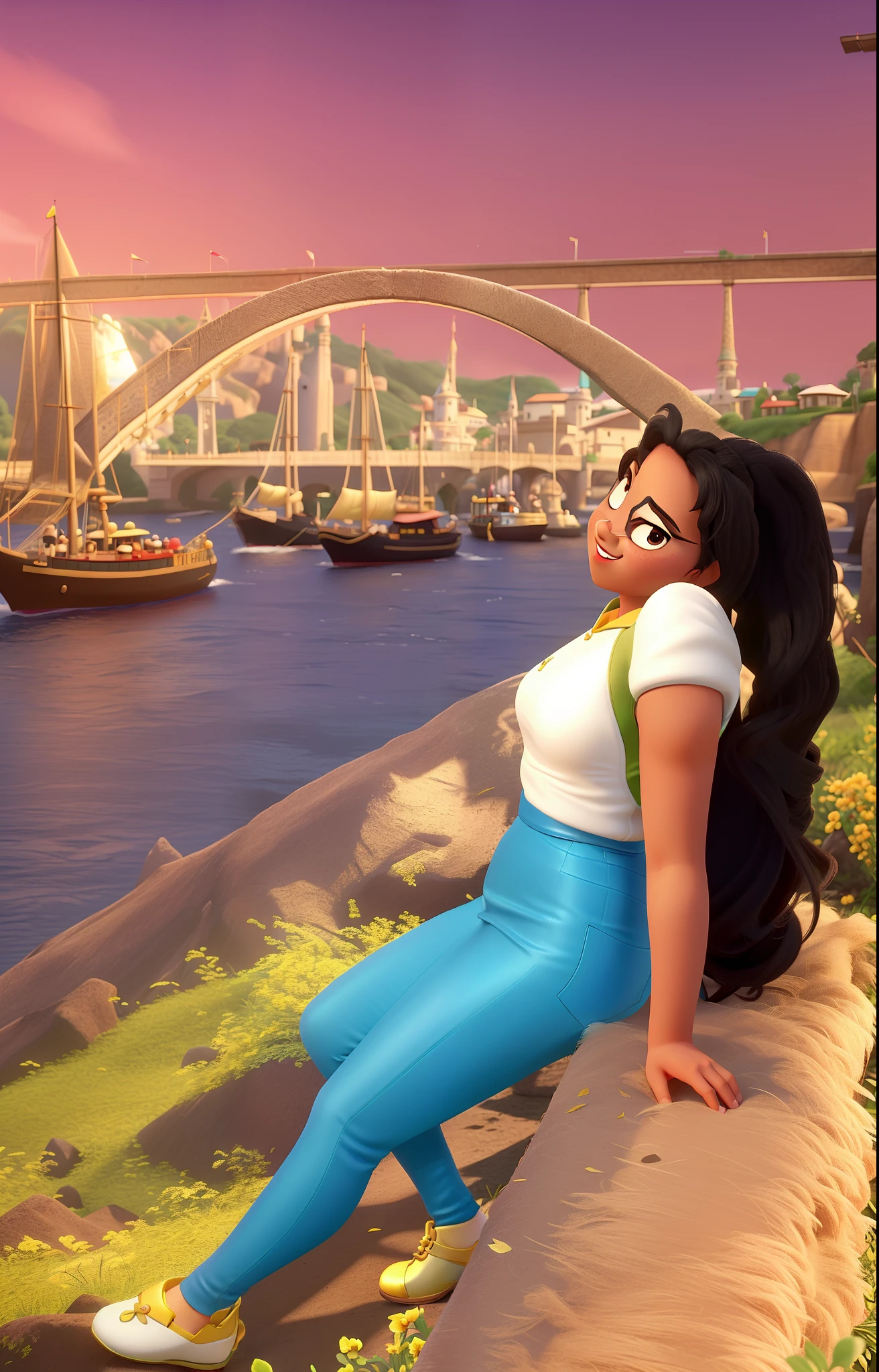 Deixe a pessoa da foto parecida com a princesa tiana, cabelo preto, realce a cor do poster e use o efeito disney como no filme da pixar