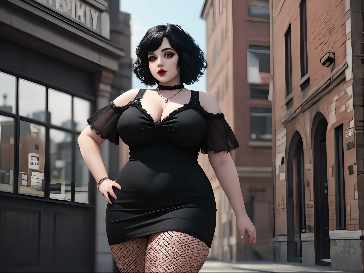 (photorealistic), (masterpiece), (perfect quality), (solo), girl, goth, standing, fatty, simmetric face, very cute beautiful face, makeup, very young, detailed face, very chubby, very chubby belly, big deep navel, fat rolls, belly rolls, black tight dress, short black miniskirt, muffin top, sexy, fishnets, thunder thighs, curvy, short hair, black curvy hair, got fat, fatty