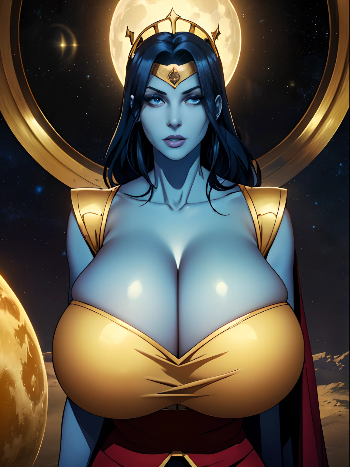 (masterpiece, top quality, best quality, official art, beautiful and aesthetic:1.2), (1girl:1.3), dark blue hair in braid, extremely detailed, portrait, looking at viewer, solo, (full body:0.6), detailed background, close up, (cool science fiction space theme:1.1), ((((blue skin)))), extremely busty sorceress, charlatan, mysterious, casting spells in space, four arms, revealing white and gold robes, fingerless gloves, long gloves, glowing magical energy, blindfold, elaborate headdress, golden ceremonial headwear, sheer white fabric, elegant robes, skirts, streamers, cowl, cape, sandals, bracers, ((((gigantic breasts, cleavage, skindentation)))), slim waist, slim hips, long legs, athletic, SPACE, futuristic moon, (space exterior:1.1) background, dark mysterious lighting, shadows, magical atmosphere, dutch angle