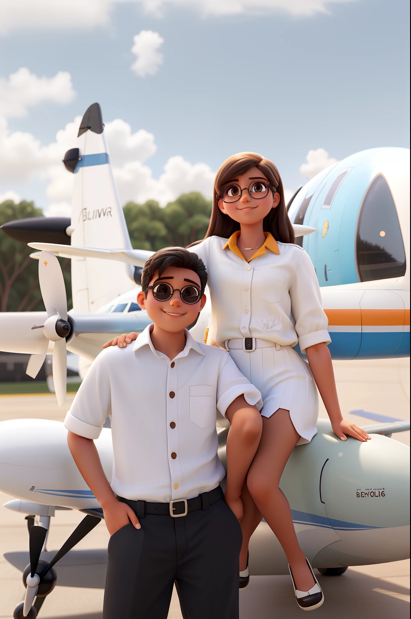 A young couple posing for photo in front of a propeller plane in disney pixar style, alta qualidade, menino de cabelo moreno de barba baixa estatura, menino de oculos de sol hexagonal, Boy in airplane pilot outfit, camisa branca com divisa de comandante, black pant, menina de vestido branco, menina de oculos de sol aviador, menina de cabelos pretos longos, jovens, Pose sitting on the wing of the airplane, small plane, propeller airplane.