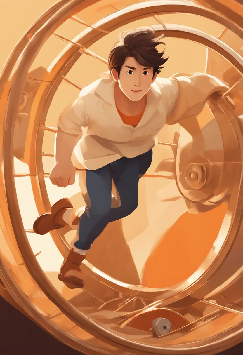 A Japanese man running on a hamster wheel, symbolizing constancy, with a rounded face, slanted eyes, with straight hair, with white skin tone, with an orange background, with a thin body, high quality, best quality, in style Disney Pixar poster.
