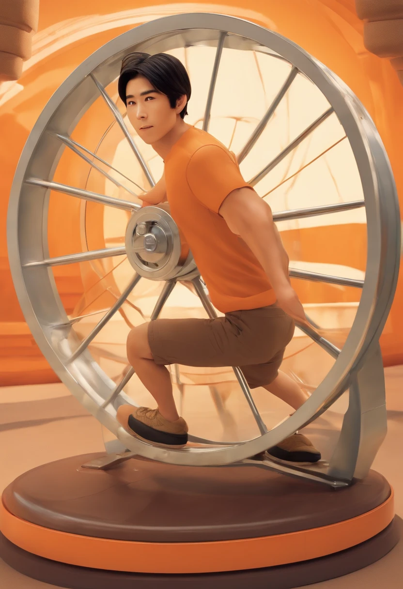 A Japanese man running on a hamster wheel, symbolizing constancy, with a rounded face, slanted eyes, with straight hair, with white skin tone, with an orange background, with a thin body, high quality, best quality, in style Disney Pixar poster.