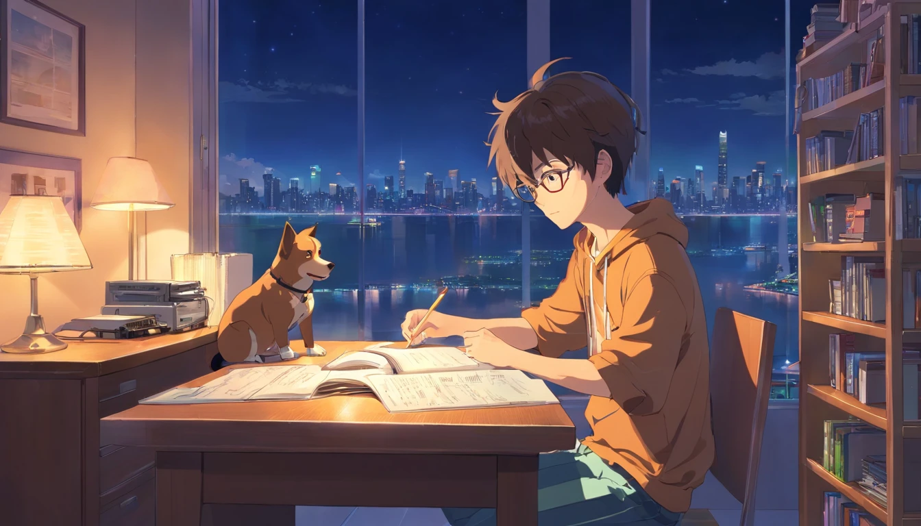 1boy,night city, bedroom, headphones, puppy, reading, desk.