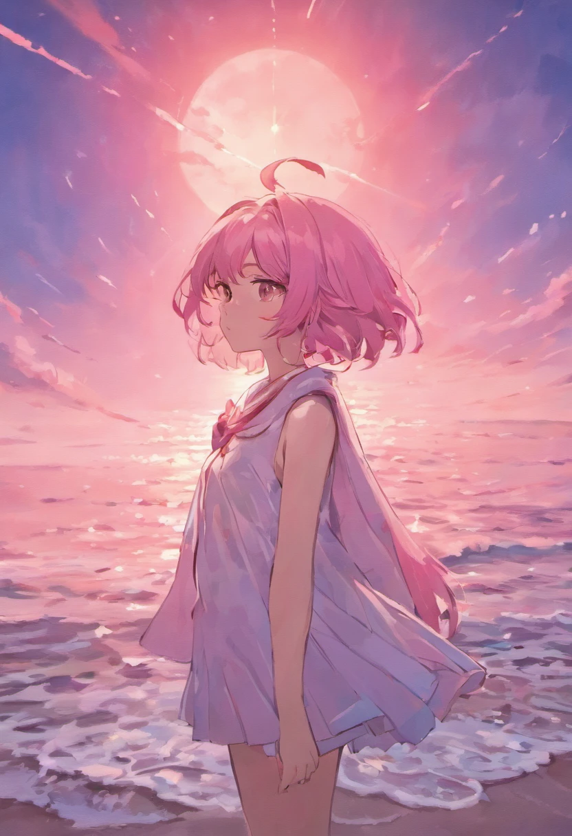 Anime Girls，A pink-haired、shorth hair，Dynamic Hair，robe blanche，standing at the beach，Mare，seagulls ，Dynamic Cloud，the setting sun，colorful image，Cool and warm colors，8K，tmasterpiece，best qualtiy，Cinematic lighting