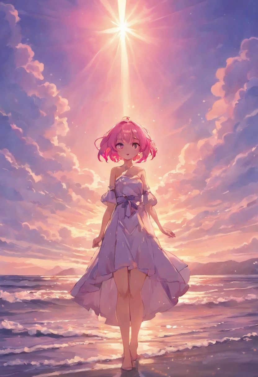 Anime Girls,A pink-haired、shorth hair,Dynamic Hair,robe blanche,standing at the beach,Mare,seagulls ,Dynamic Cloud,the setting sun,colorful image,Cool and warm colors,8K,tmasterpiece,best qualtiy,Cinematic lighting