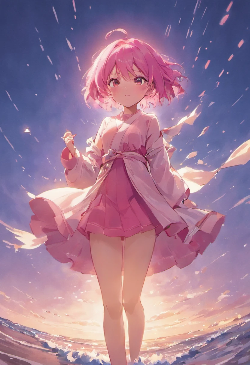 Anime Girls，A pink-haired、shorth hair，Dynamic Hair，robe blanche，standing at the beach，Mare，seagulls ，Dynamic Cloud，the setting sun，colorful image，Cool and warm colors，8K，tmasterpiece，best qualtiy，Cinematic lighting