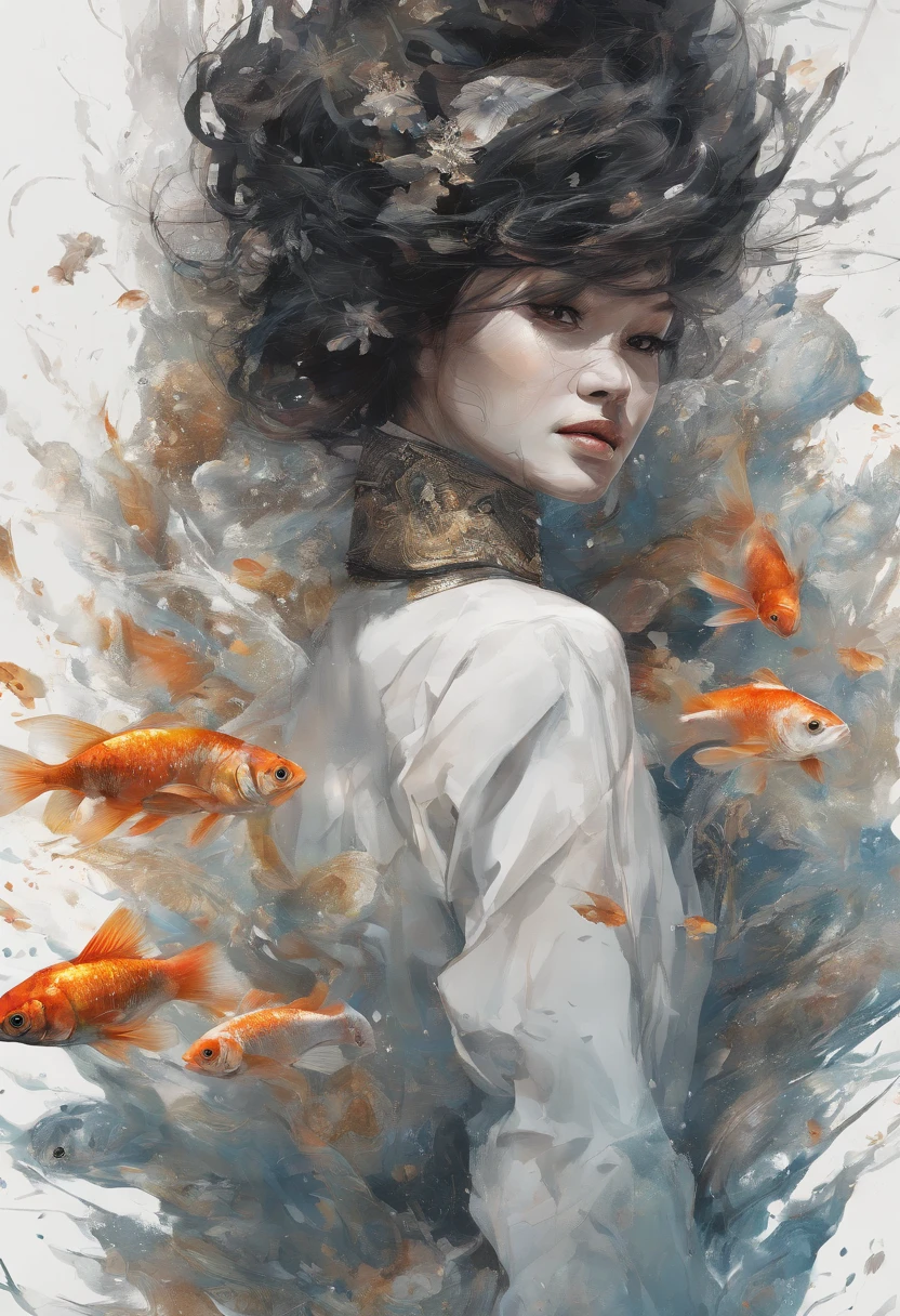 Perfect centralization of Thai women, Black goldfish miracle, joy, Standing position, abstract beauty, centered, looking at the camera, facing camera, Approaching perfection, dynamic, high-detail, smooth, crisp focus, 10, high-res, illustration, Art by Carne Griffiths and Wadim Kashin, Goldfish character