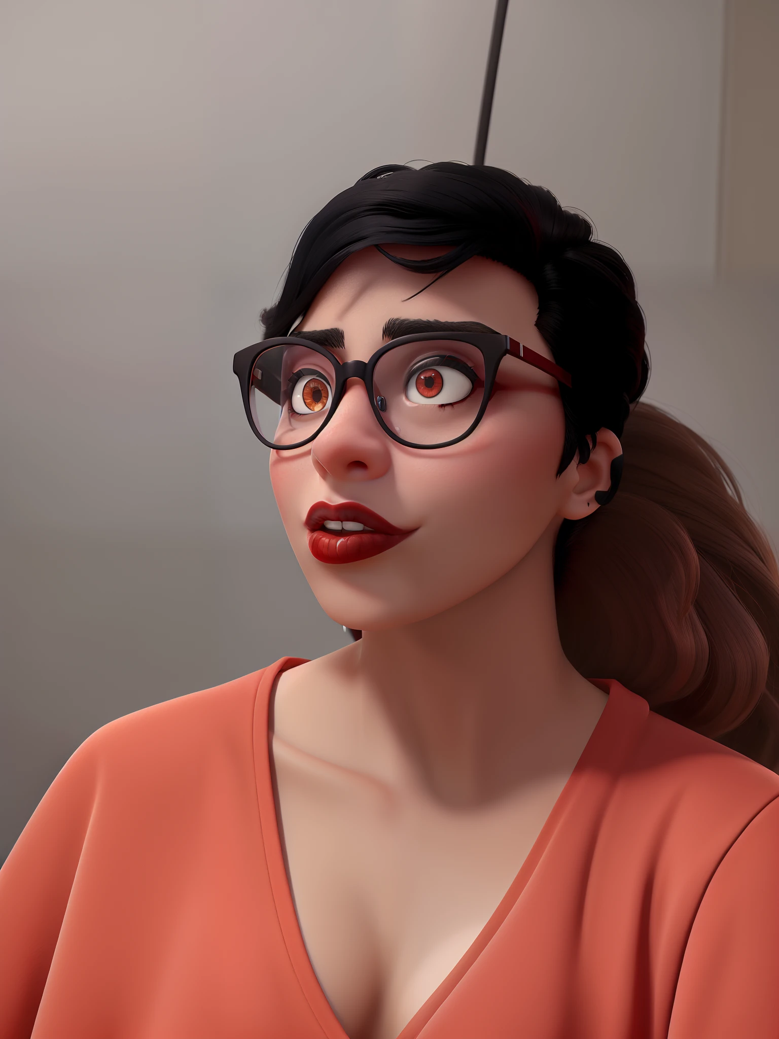 Uma jovem de cabelo curto preto, Wearing a red outfit and glasses, goth makeup.