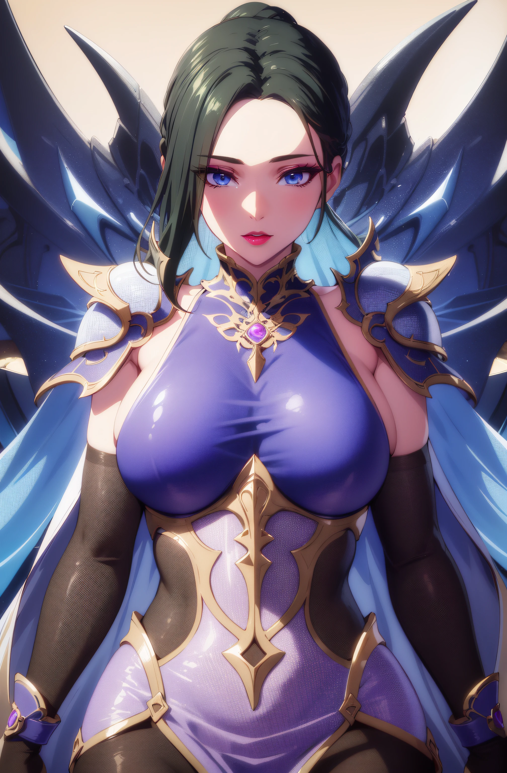 (masterpiece, best quality, 16k, 8k, ultra highres, plain white background, long hair, black hair, blue eyes, ponytail, highres:1.0), haruhiko_ichijou, makeup, purple lipstick, purple eyeshadow, beautiful face, hyperdetail face, hyperdetail armor, black gloves, blue footwear, blue thighhighs, boots, breastplate, covered navel, dress, gauntlets, gloves, headgear, (((large breasts:1.2))), (((solo:1.5))), ((milf, mature female, 35yo)), gorgeous body, (((upper body, half body shot:1.5))),armpits,arm up, ((hyperdetail eyeshadow, hyperdetail lipstick)), (((looking at the camera, symetrical, sharp focus, intricate detail, elegant, concept art, cinematic))), (direct view:1.4),(perfect hands, perfect anatomy),