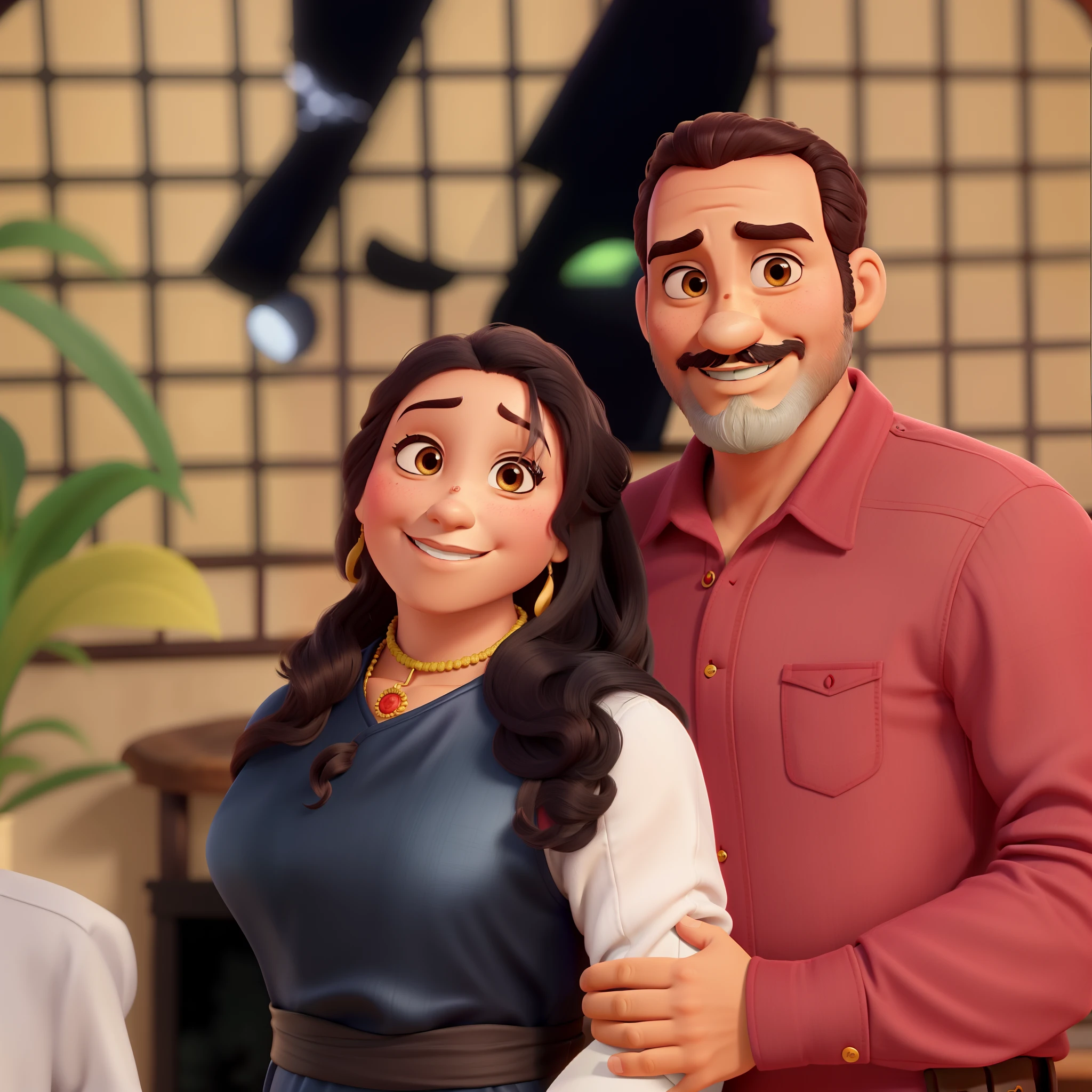 Um casal, homem grisalho de vermelho e com barba grisalha, mulher de preto, apaixonados, estilo disney pixar, melhor qualidade, alta qulidade