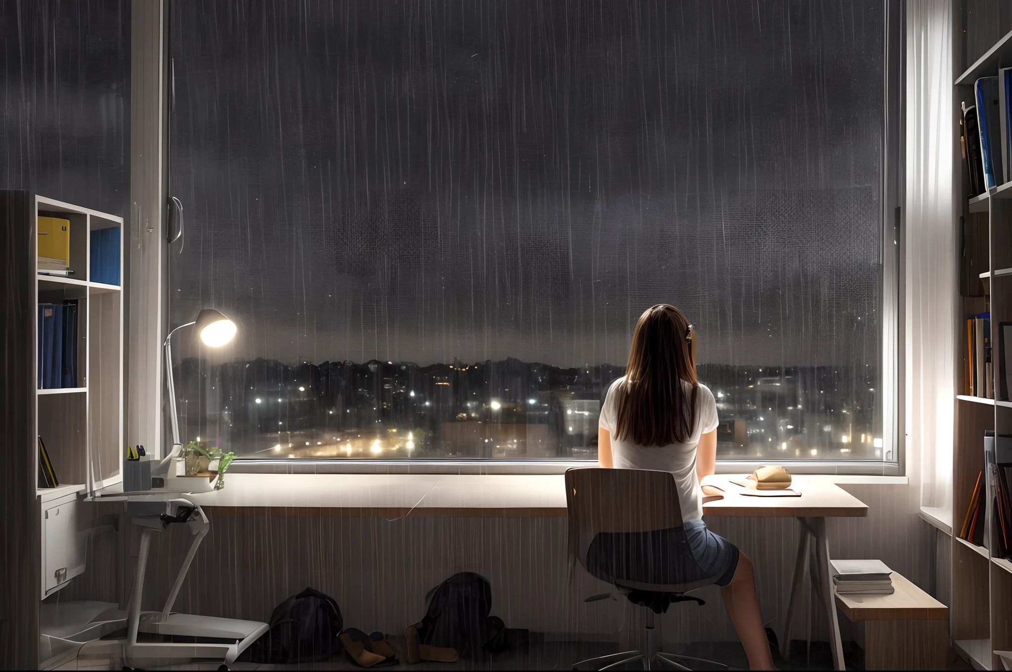 girl study room rainy night