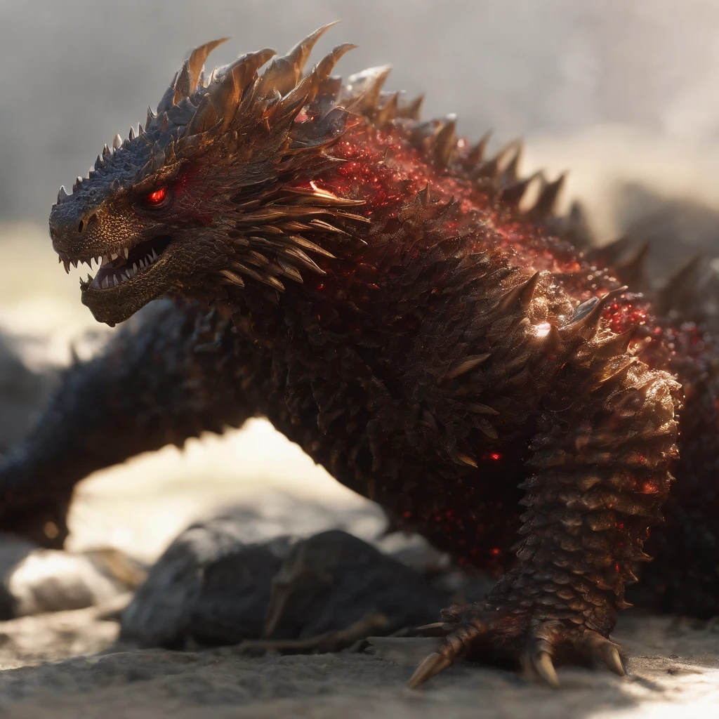 Golden Tenryu，Sharp red eyes,Release of blood fire close-up from the nose,Chest scales,hiquality,8K,many details,Fire salad,alas,4 legs,Spotted claws,golds,Danger,Fires,sharp teeth,Big Dragon,immensity,menacing,imposing