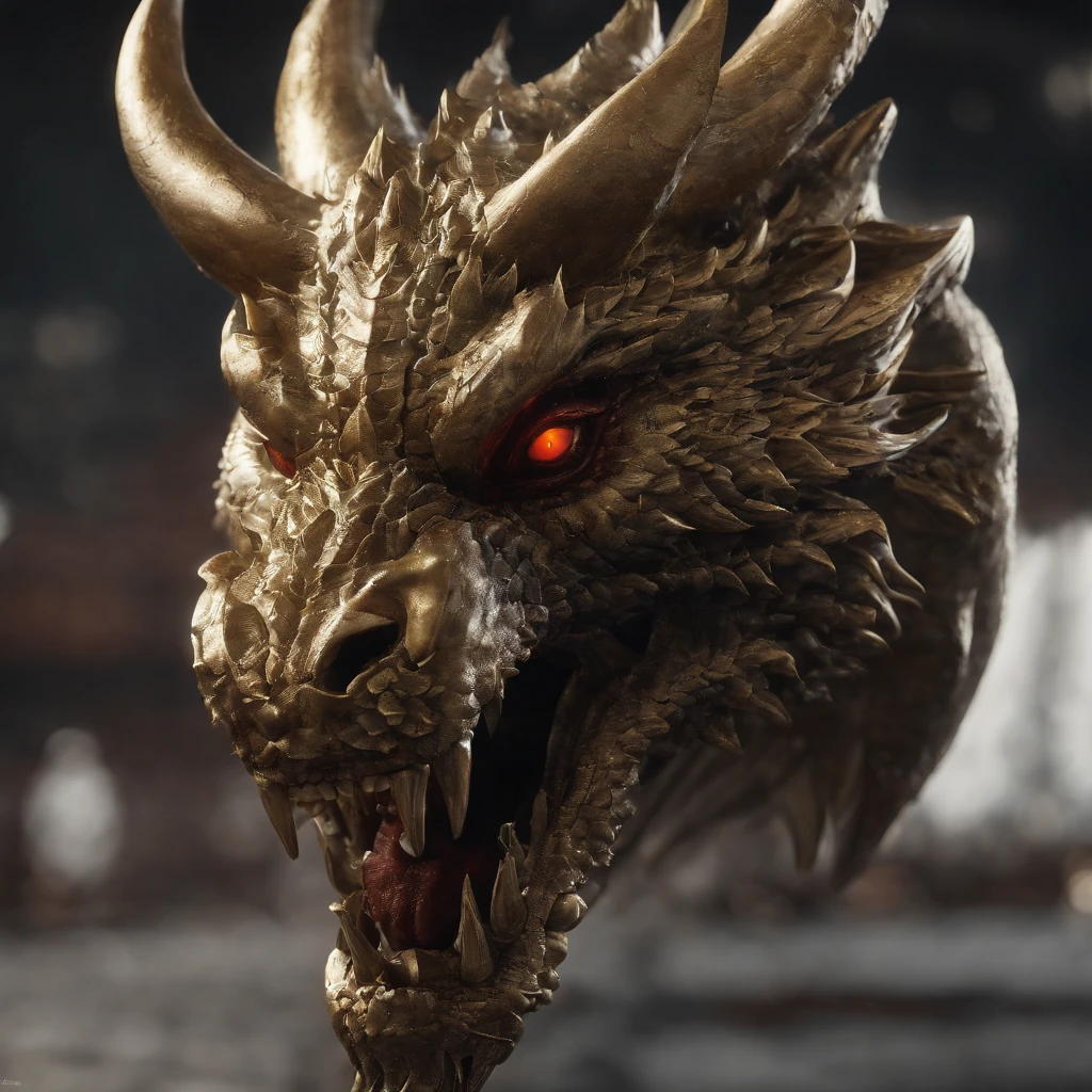 Golden Tenryu,Sharp red eyes,Release of blood fire close-up from the nose,Chest scales,hiquality,8K,many details,Fire salad,alas,4 legs,Spotted claws,golds,Danger,Fires,sharp teeth,Big Dragon,immensity,menacing,imposing