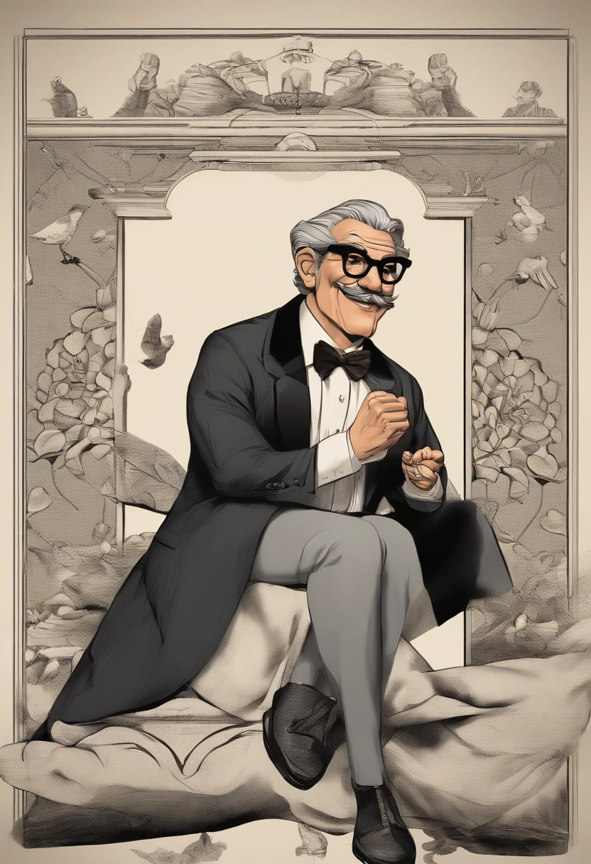poster 3d inspirado na Disney/Pixas capturando uma cena com um homem de 50 anos, Eyes of a Japanese Half-Breed, short slicked-back hair slightly gray, Wearing rectangular and black glasses, bigode fino e cavanhaque curto, segurando uma carta de baralho do coringa, roupa esporte, with men's rings on their fingers