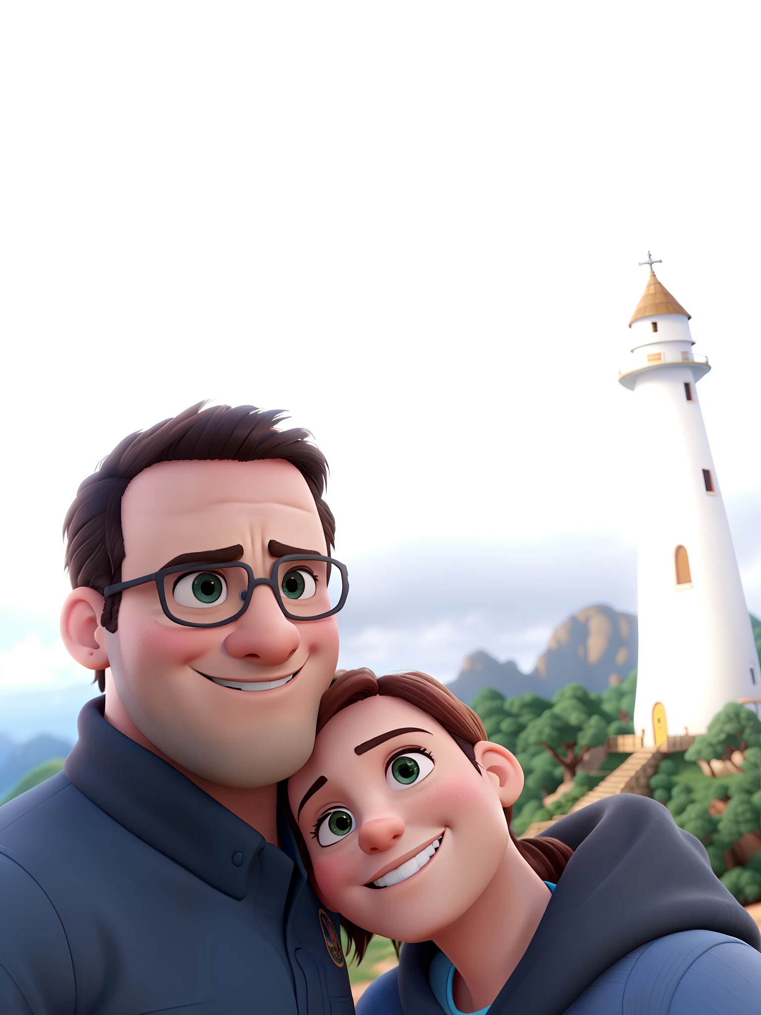 Um casal feliz com plano de fundo um farol no alto de uma montanha, no estilo disney pixar, alta qualidade, melhor qualidade