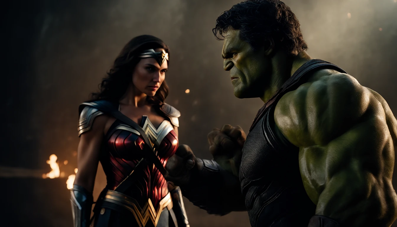 A villain wearing black armor faces off against the Hulk and Wonder Woman in an intense battle, hiper-realismo, Cinematic lighting, Detalhes altos, master part, best quality, alta qualidade, Super Detalhe, retina, 8k, Dark and atmospheric color palette, dramatic lighting, Intricate character expressions, dynamic action poses, epic battle scene, Effects of smoke and debris, intense facial expressions, cores vibrantes e ricas, texturas realistas, musculatura realista, dynamic compositing, sombras habilmente renderizadas, contrastes fortes, profundidade emocional.