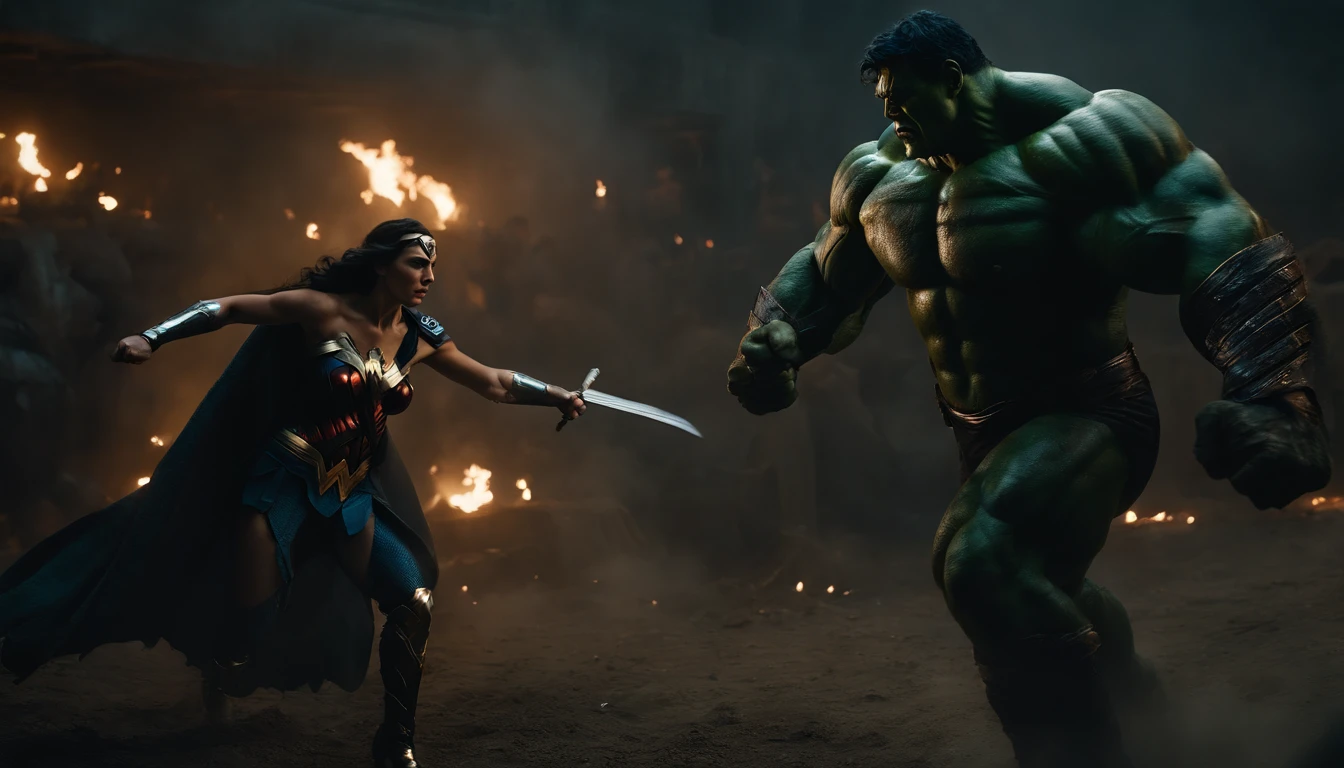 A villain wearing black armor faces the Hulk and Wonder Woman in an intense battle, hyperrealism, cinematic lighting, high details, masterpiece, best quality, high quality, super detail, retina, 8k, dark and atmospheric color palette, dramatic lighting, intricate character expressions, dynamic action poses, epic battle scene, smoke and debris effects, intense facial expressions, vibrant and rich colors, realistic textures, lifelike musculature, dynamic composition, expertly rendered shadows, strong contrasts, emotional depth.