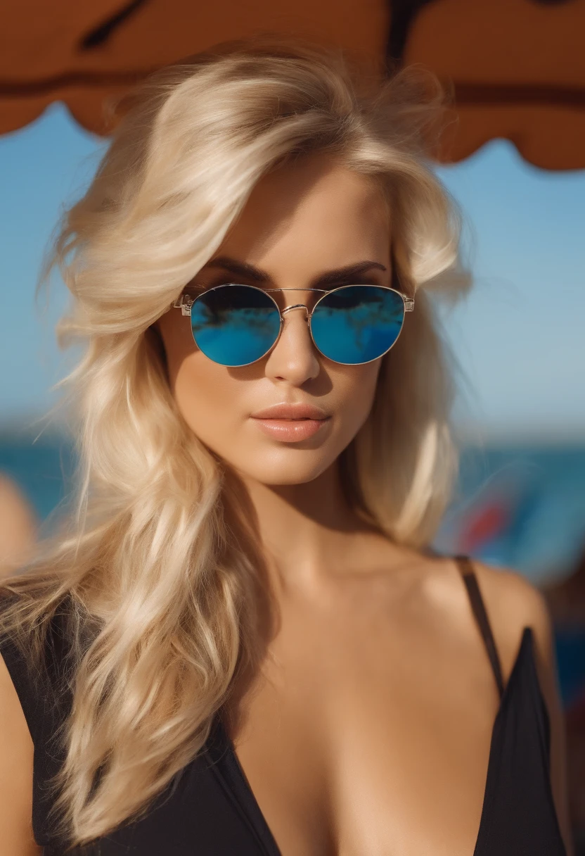 Fille blondie sexy avec des lunettes de soleil en bikini sur la plage