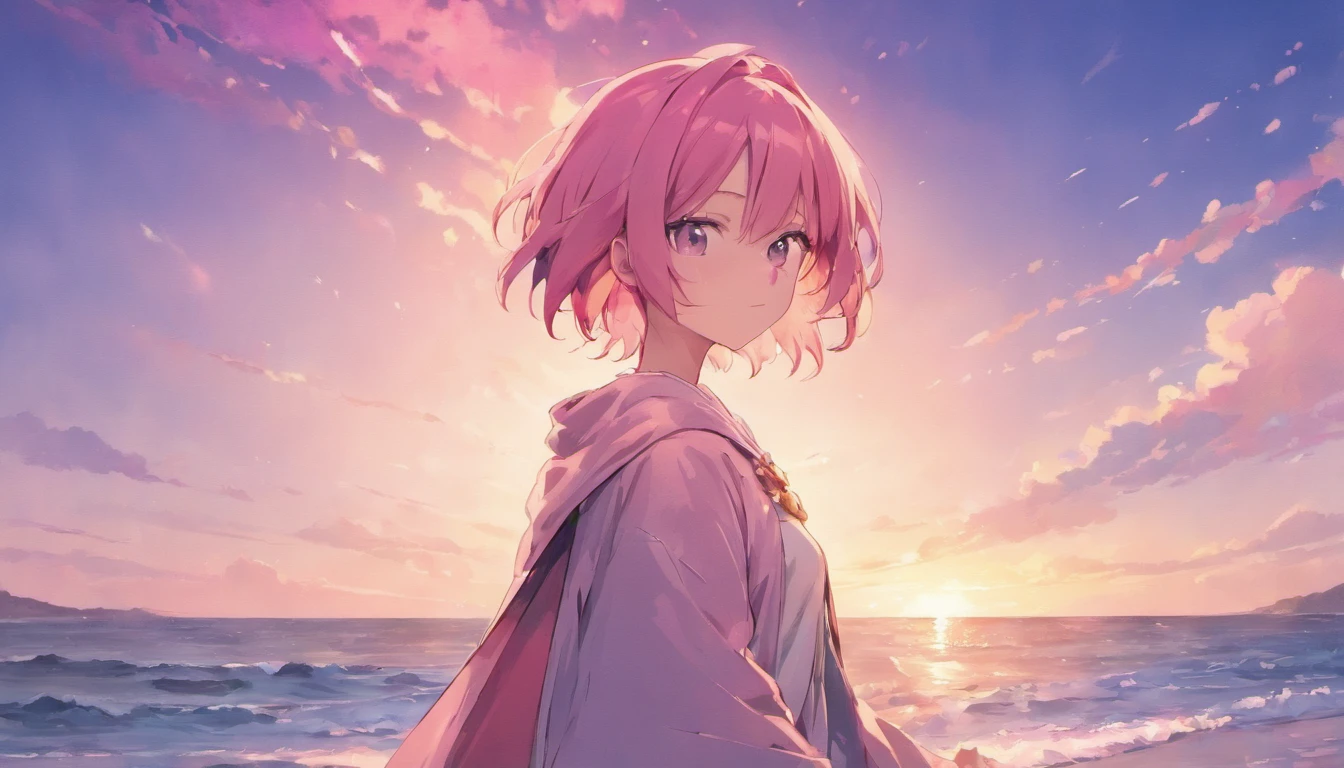 Anime Girls,A pink-haired、shorth hair,Dynamic Hair,robe blanche,standing at the beach,Mare,seagulls ,Dynamic Cloud,the setting sun,colorful image,Cool and warm colors,8K,tmasterpiece,best qualtiy,Cinematic lighting