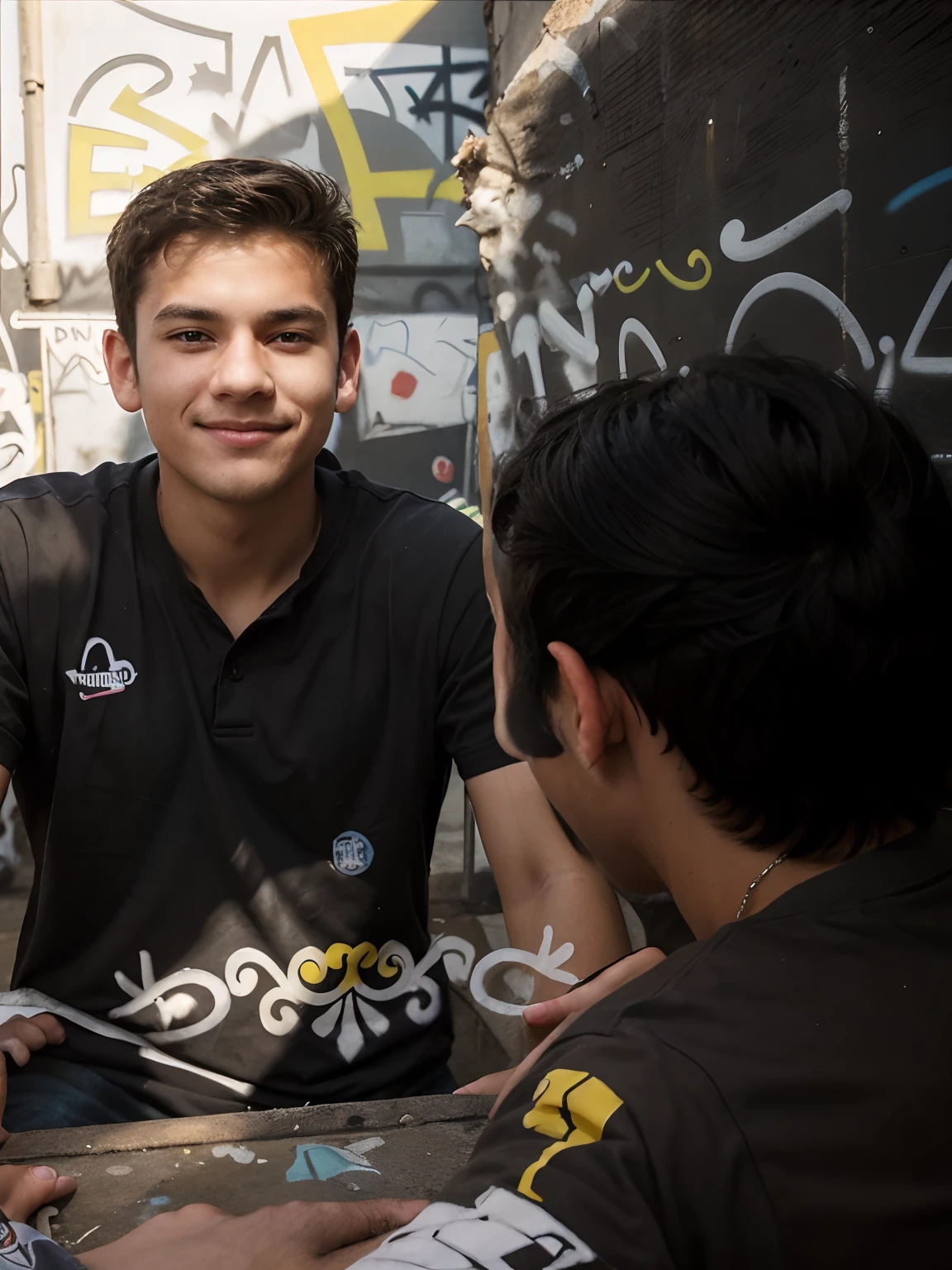 A very handsome teenager passed by me and inadvertently saw me, bust photo, smiling and looking at me. High nose, No mustache,yellow race, relatively white skin, black hair, medium hair. The background is a wall with various graffiti on it. He wears simple short sleeves and holds a cute dog. Highest quality.
