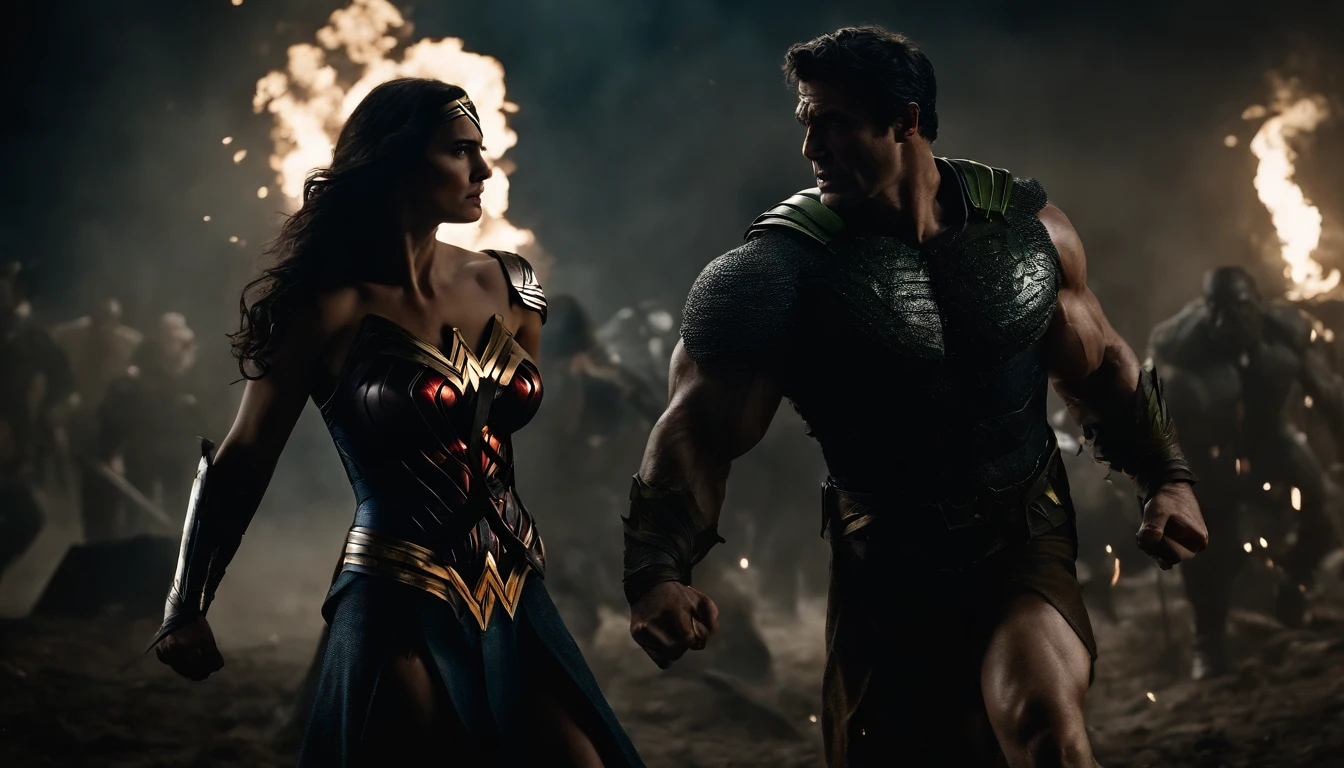 A villain wearing black armor faces off against the Hulk and Wonder Woman in an intense battle, hiper-realismo, Cinematic lighting, Detalhes altos, master part, best quality, alta qualidade, Super Detalhe, retina, 8k, Dark and atmospheric color palette, dramatic lighting, Intricate character expressions, dynamic action poses, epic battle scene, Effects of smoke and debris, intense facial expressions, cores vibrantes e ricas, texturas realistas, musculatura realista, dynamic compositing, sombras habilmente renderizadas, contrastes fortes, profundidade emocional.