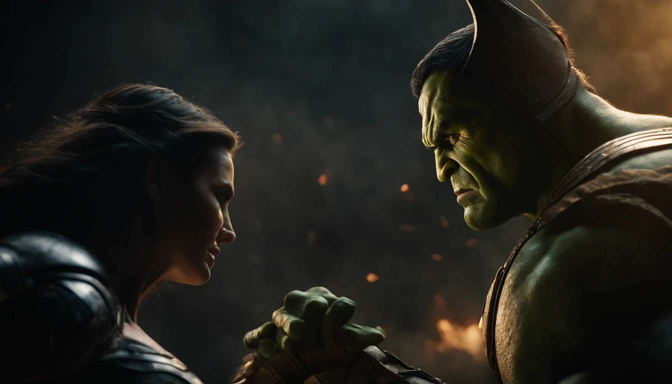 A villain wearing black armor faces off against the Hulk and Wonder Woman in an intense battle, hiper-realismo, Cinematic lighting, Detalhes altos, master part, best quality, alta qualidade, Super Detalhe, retina, 8k, Dark and atmospheric color palette, dramatic lighting, Intricate character expressions, dynamic action poses, epic battle scene, Effects of smoke and debris, intense facial expressions, cores vibrantes e ricas, texturas realistas, musculatura realista, dynamic compositing, sombras habilmente renderizadas, contrastes fortes, profundidade emocional.