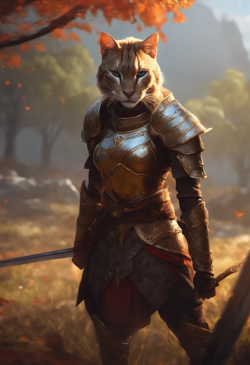 the anime, A female Khajiit in armor stands on the battlefield with a sword and shield in his hands