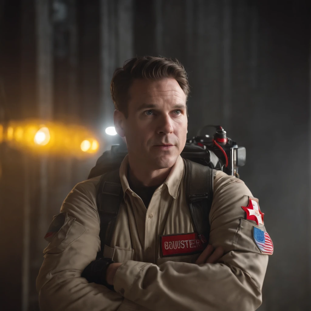 ghostbuster character realistic thunders man white in industry lights lighting