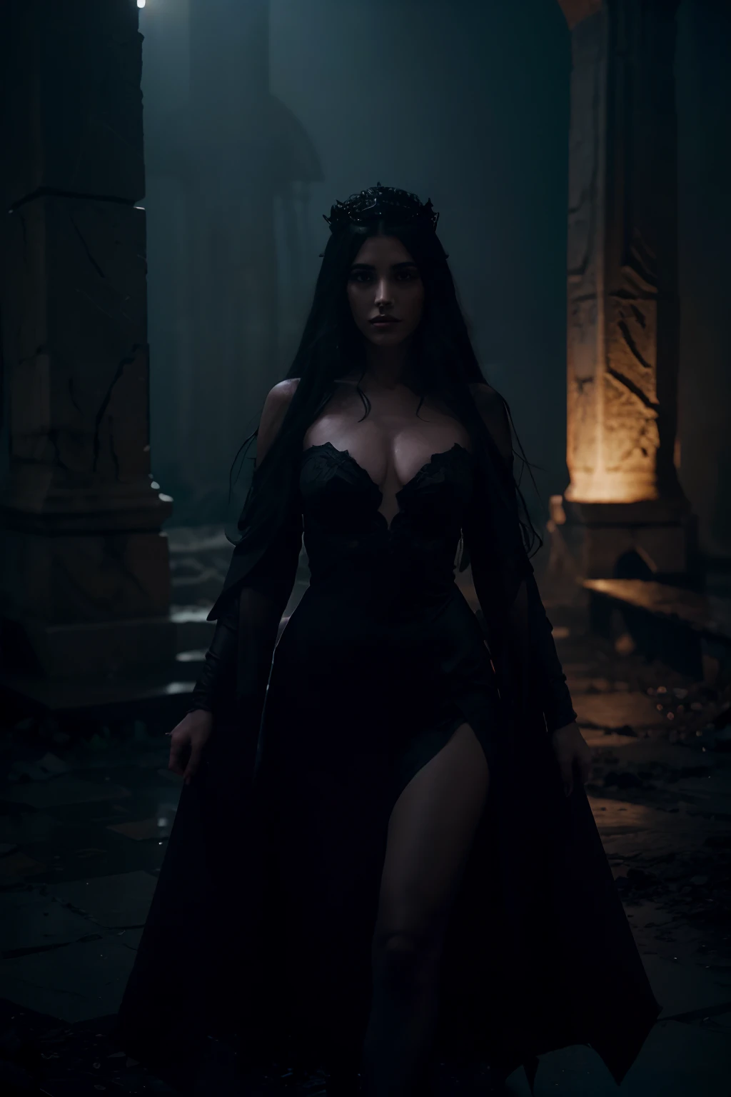 Ethereal depiction of a shadowy, otherworldly realm where the influence of darkness holds catastrophic sway. In the midst of this eerie landscape, an enigmatic woman, Jezabel, rules as the pagan princess of an obscure Phoenician city-state. She worships Baal, the storm god, and orchestrates bloody, obscene rituals in his name. Craft a highly detailed, immersive scene that captures the dark allure of her reign.